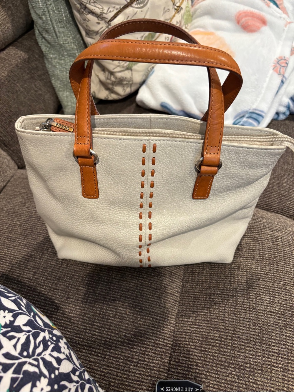 Fossil Cream Leather Mini Tote with Tan Handles